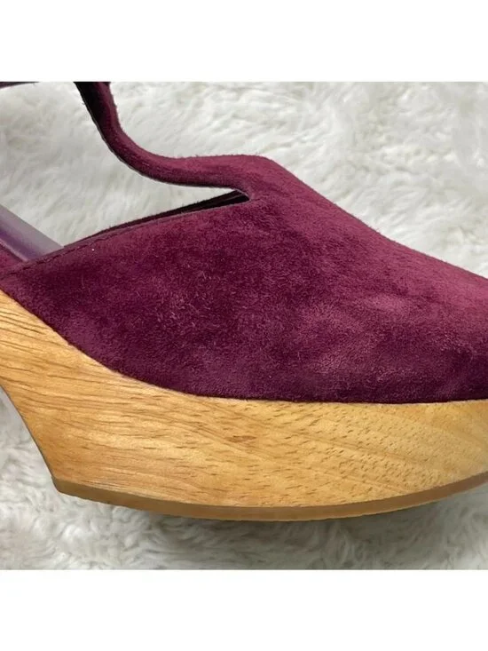 Charlotte Stone Maud T-Strap Clogs Burgundy Suede Wooden Platform Heels Size 8 - Picture 7 of 16